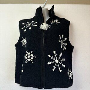 Lisa International vest‎ women L Boiled Wool Black Raised embroidered snowflake